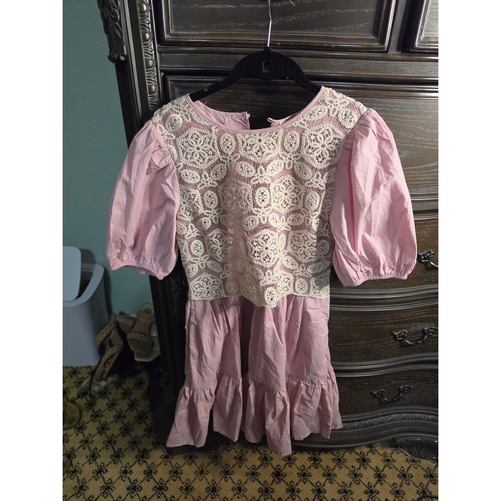 Heyson Mauve Pink Crochet Lace Puff Sleeve Tiered Mini Dress Small NEW